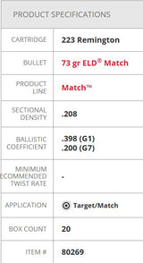 Hornady Ammo 223 Rem 73gr ELD Match 20pk