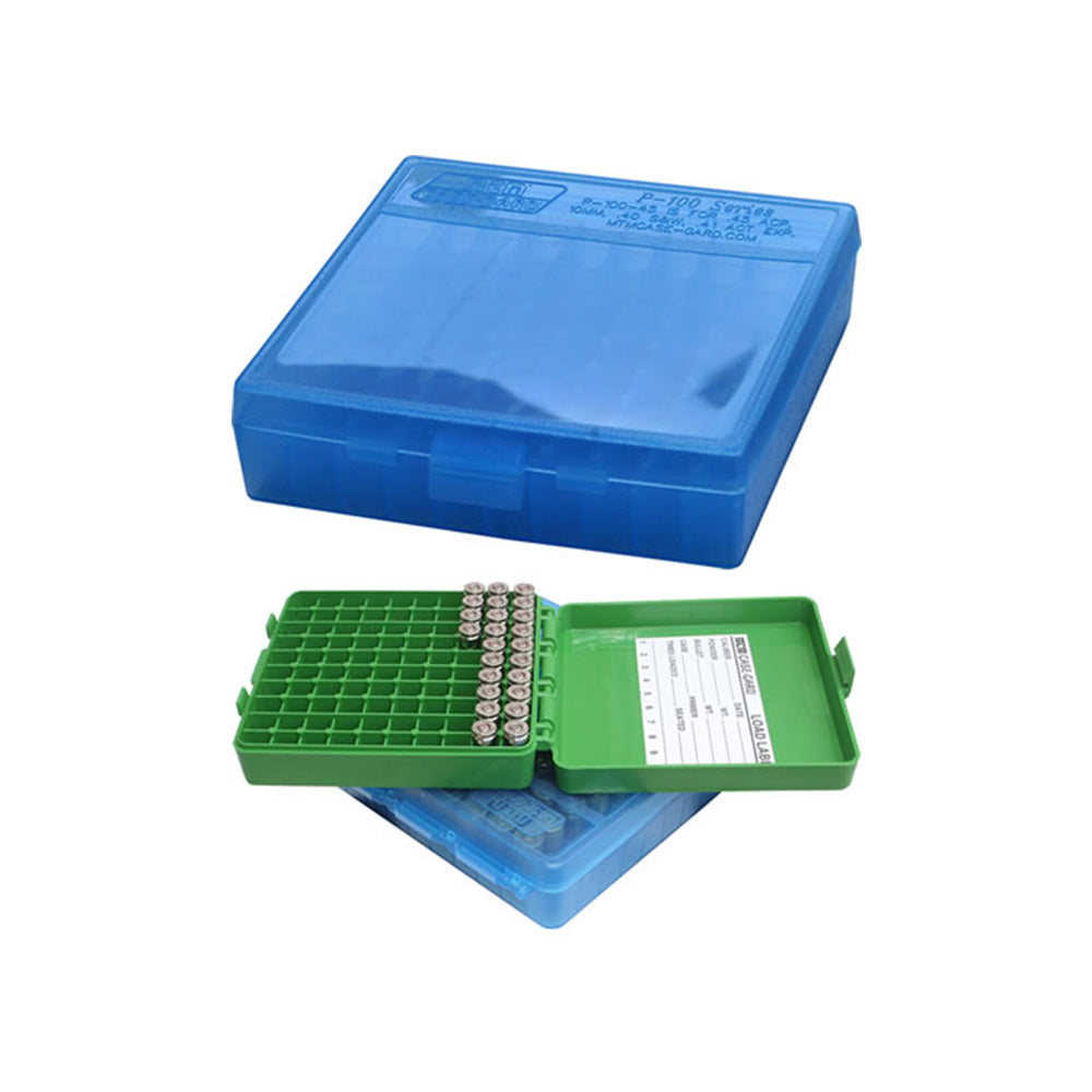 MTM 100 Round Hinged Top Ammo Box 38-357 - Clear Blue Ammunition Case